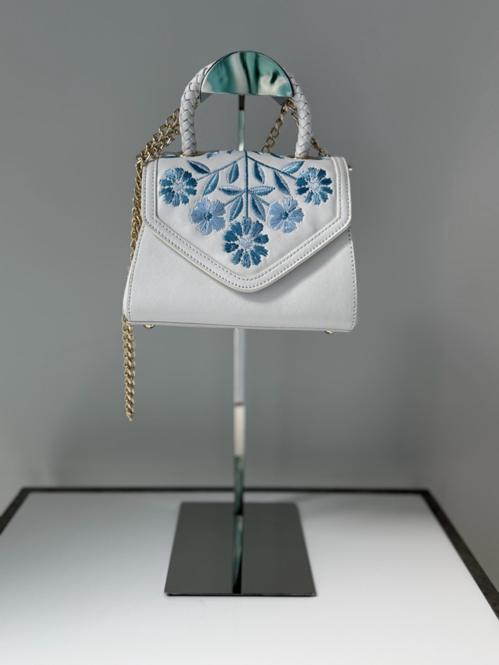 Draper James White Leather Embroidered Floral Top Handle Crossbody Bag Blue